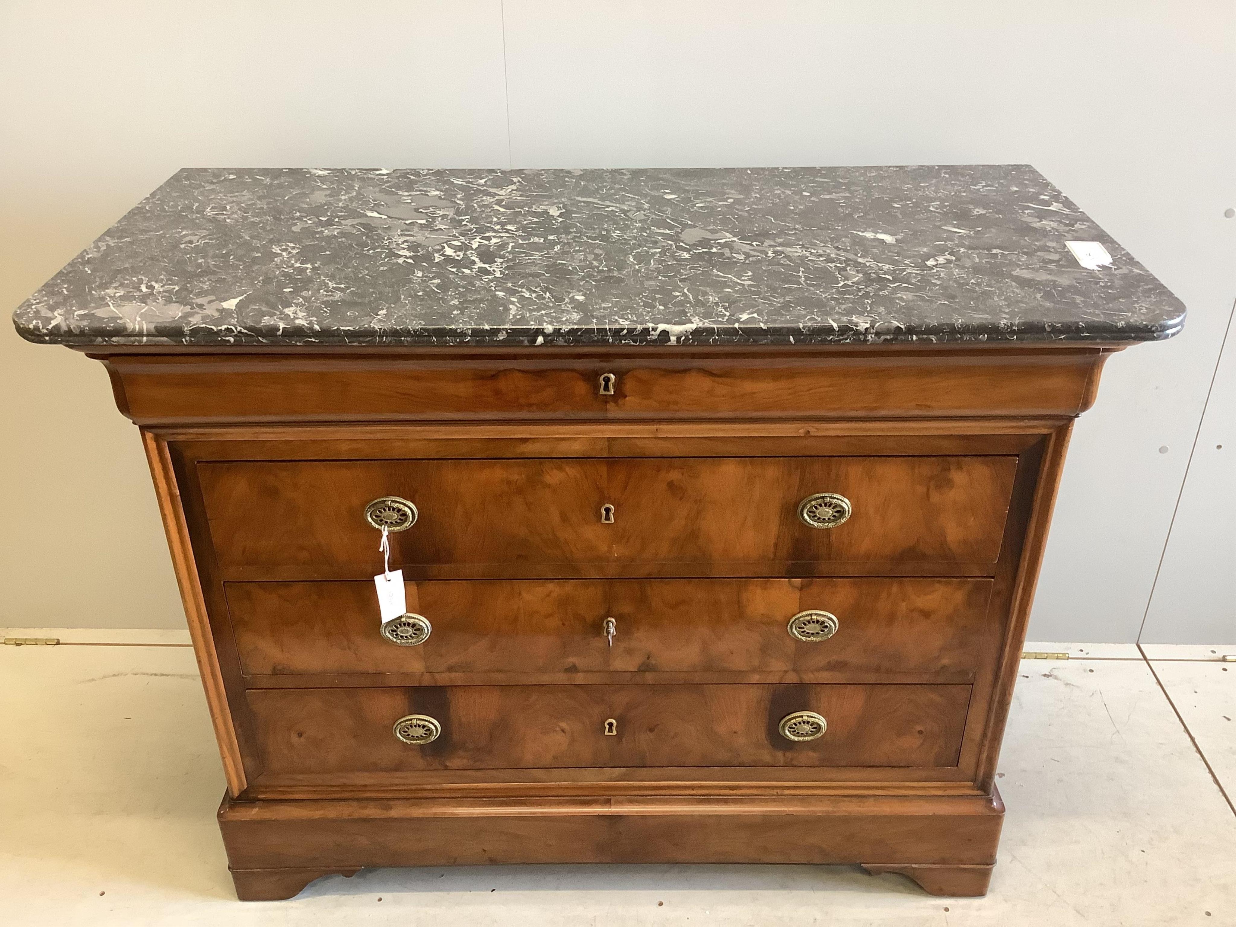 A 19th century French walnut marble top commode, width 130cm, depth 60cm, height 99cm. Condition - good